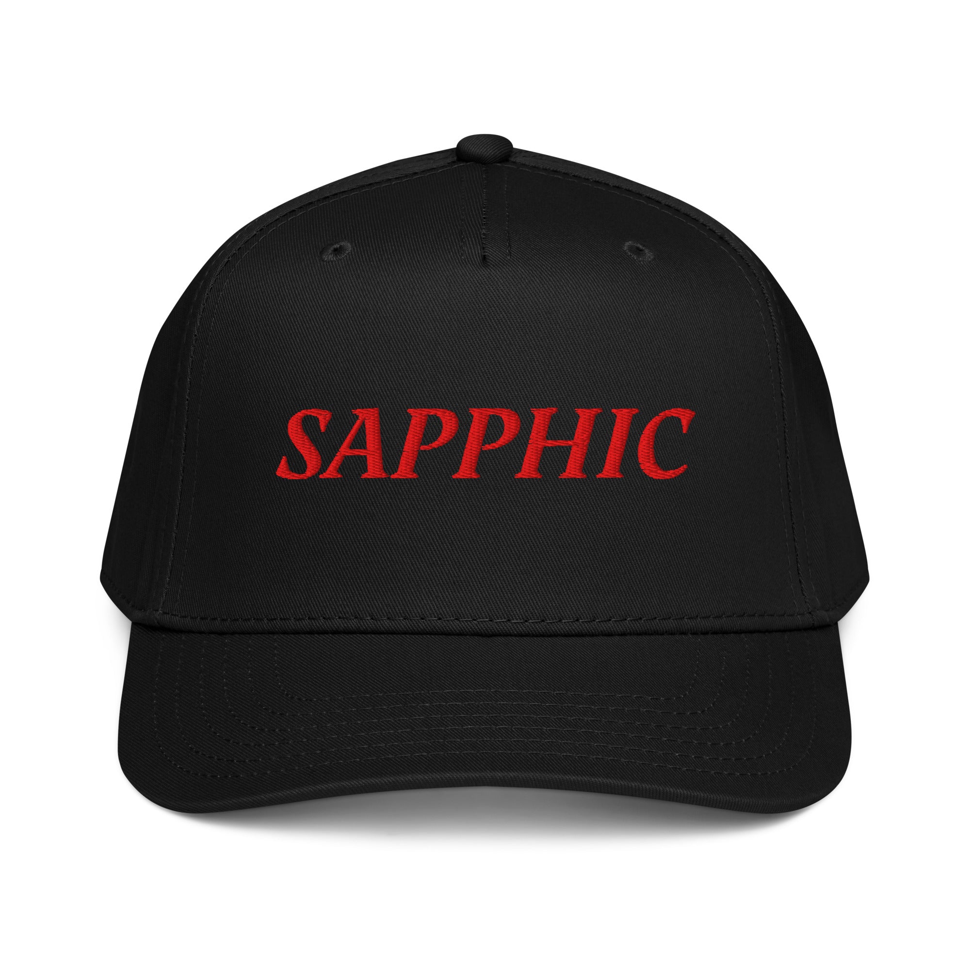 Black 5 panel cap with 'SAPPHIC' text front view