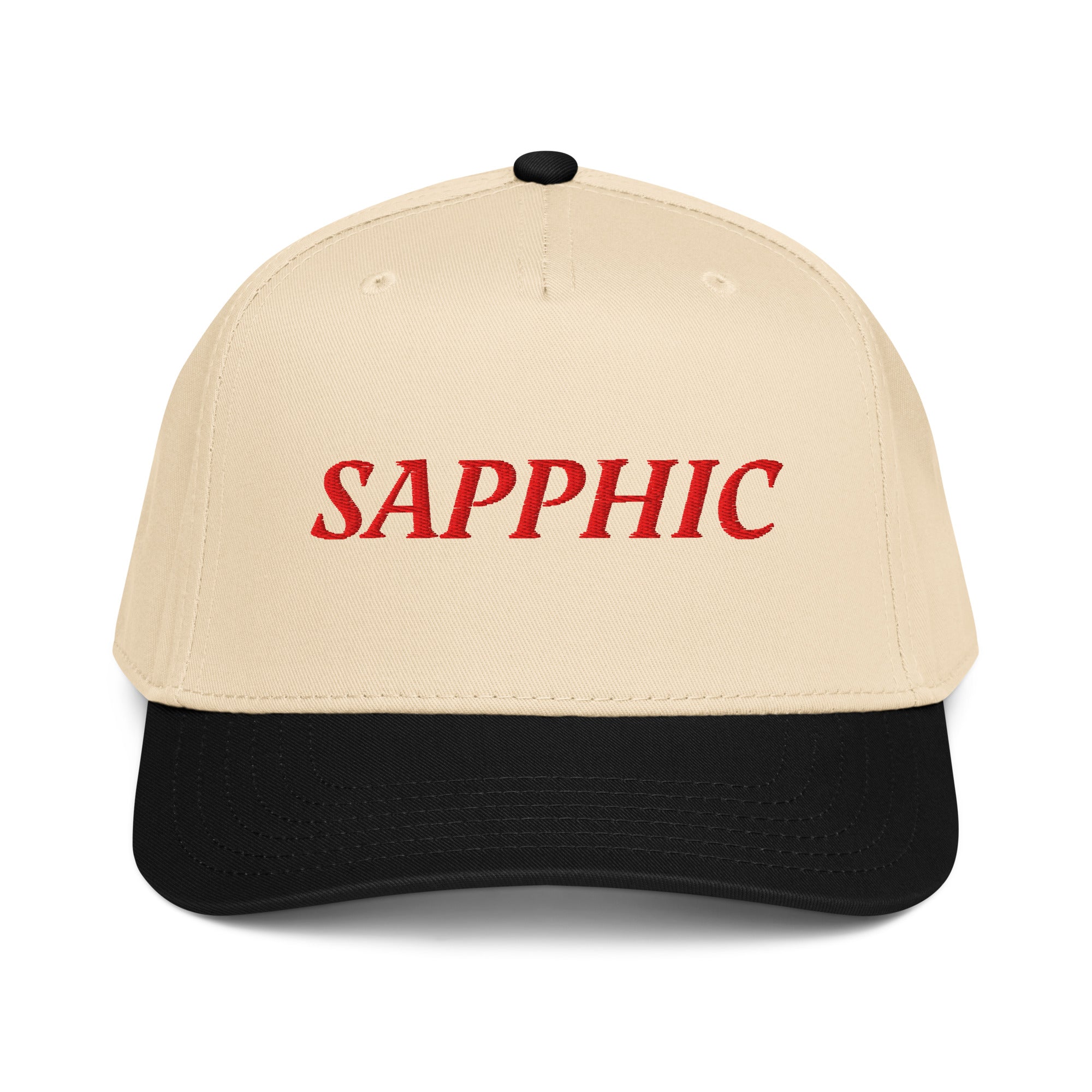 Beige and black 5 panel cap with 'SAPPHIC' text front view