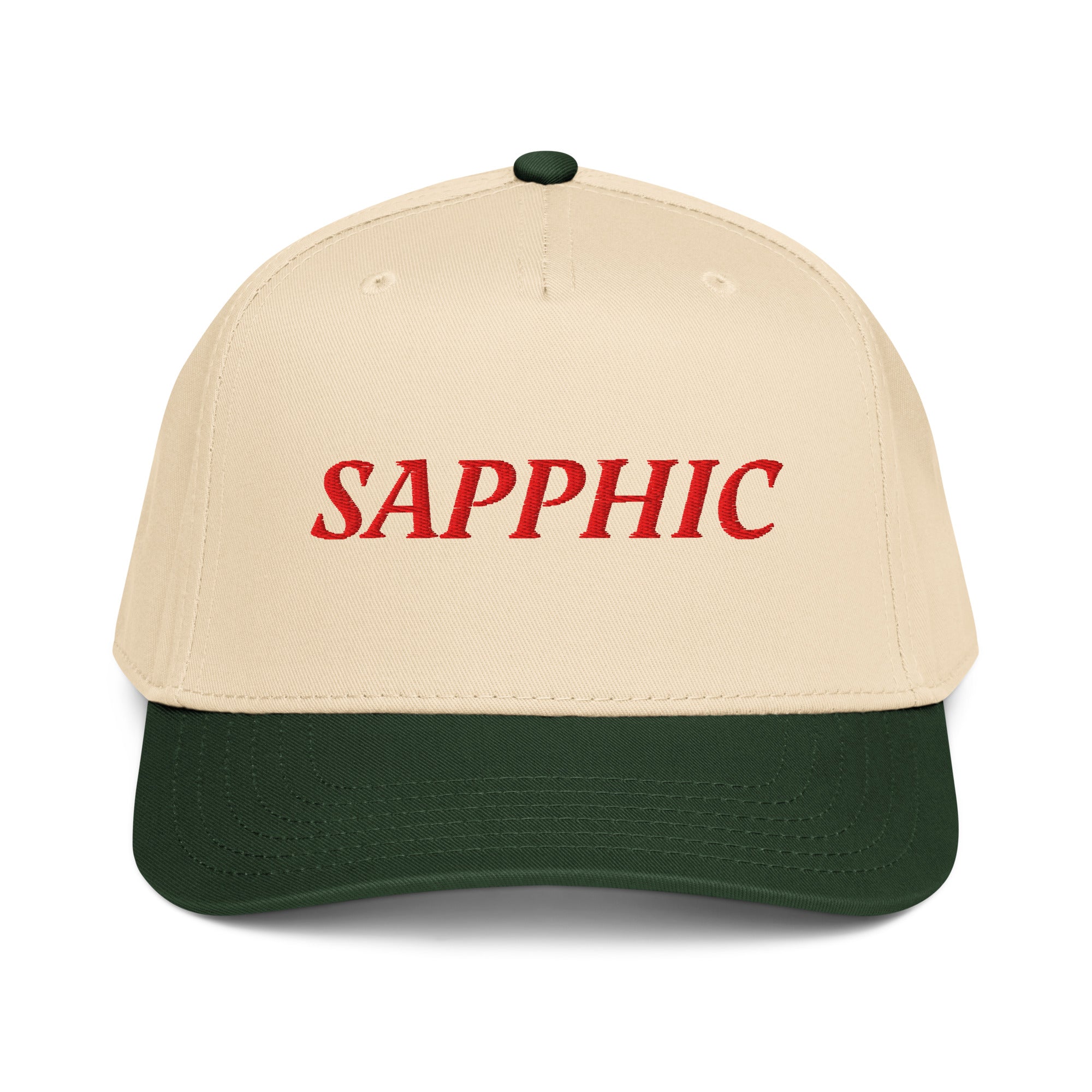 Beige and green 5 panel cap with 'SAPPHIC' text front view