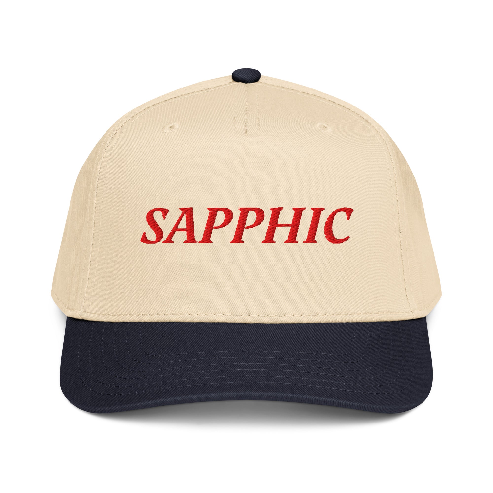 Beige and navy blue 5 panel cap with 'SAPPHIC' text front view