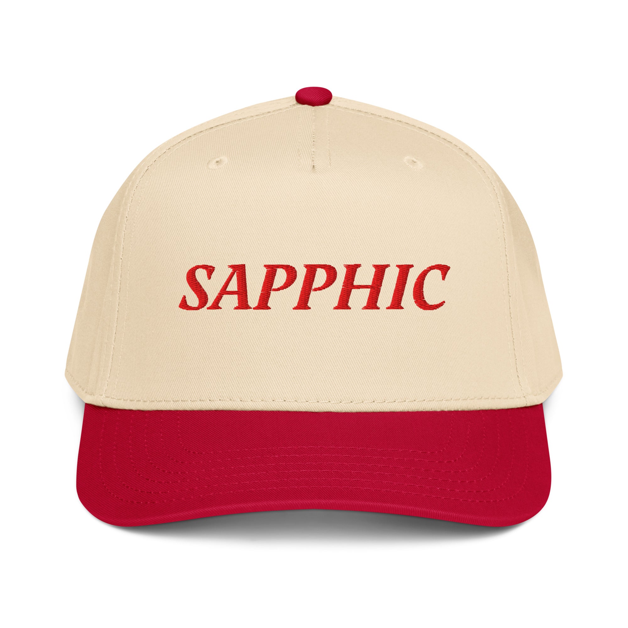 Beige and red 5 panel cap with 'SAPPHIC' text front view