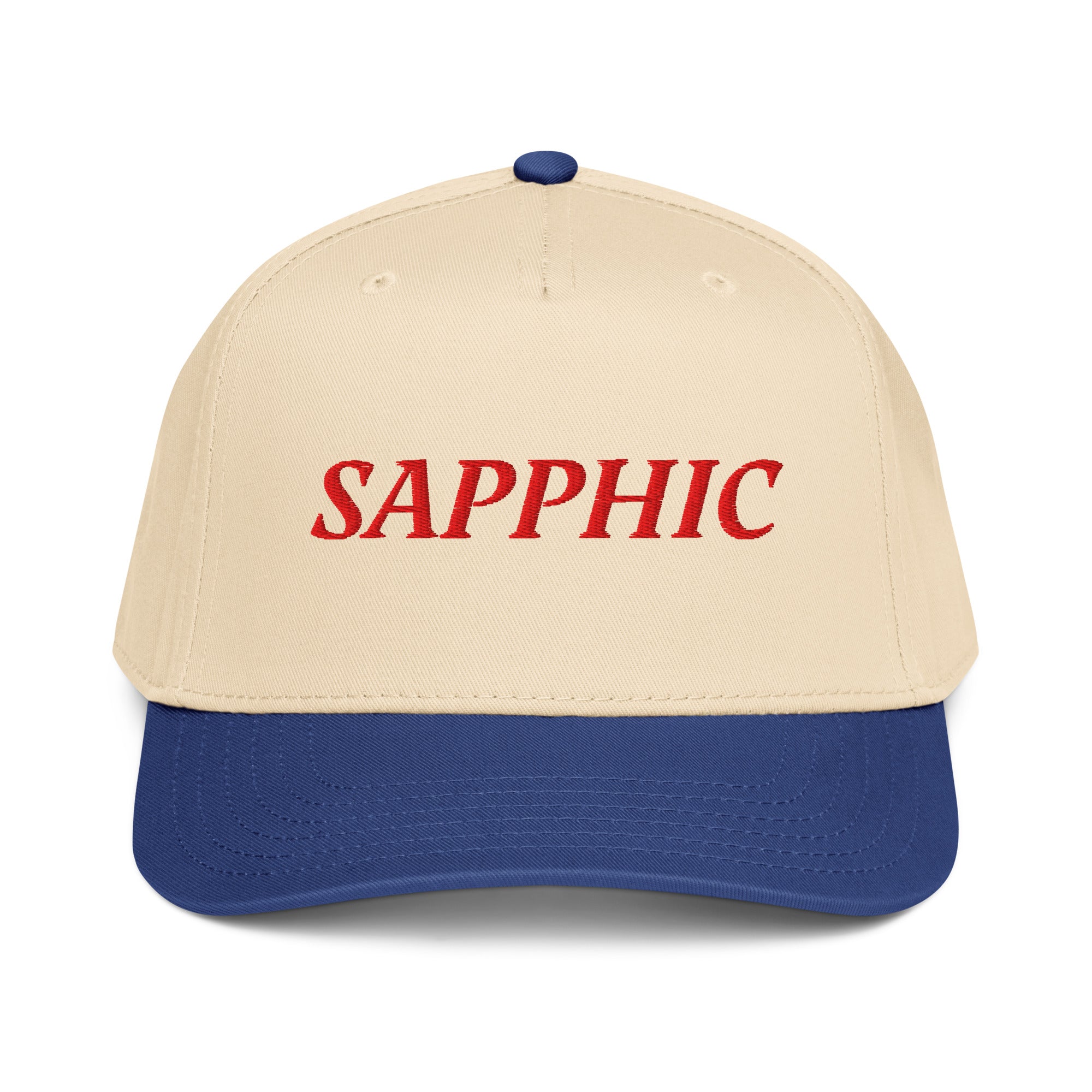 Beige and blue 5 panel cap with 'SAPPHIC' text front view