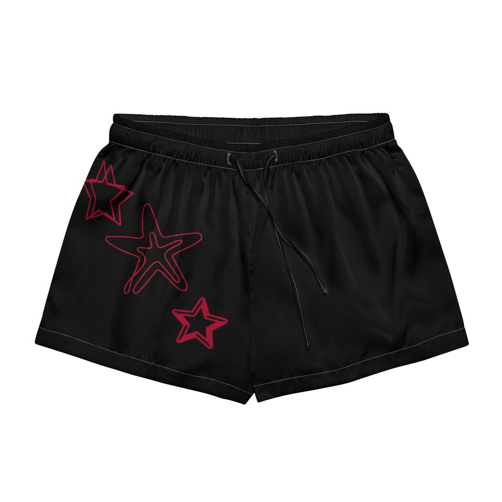 Gender fluid black shorts with red star designs front view 