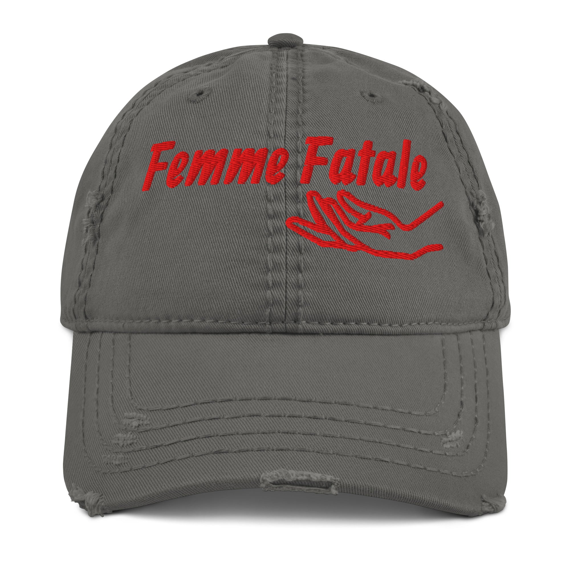 Gray hat with 'Femme Fatale' front view