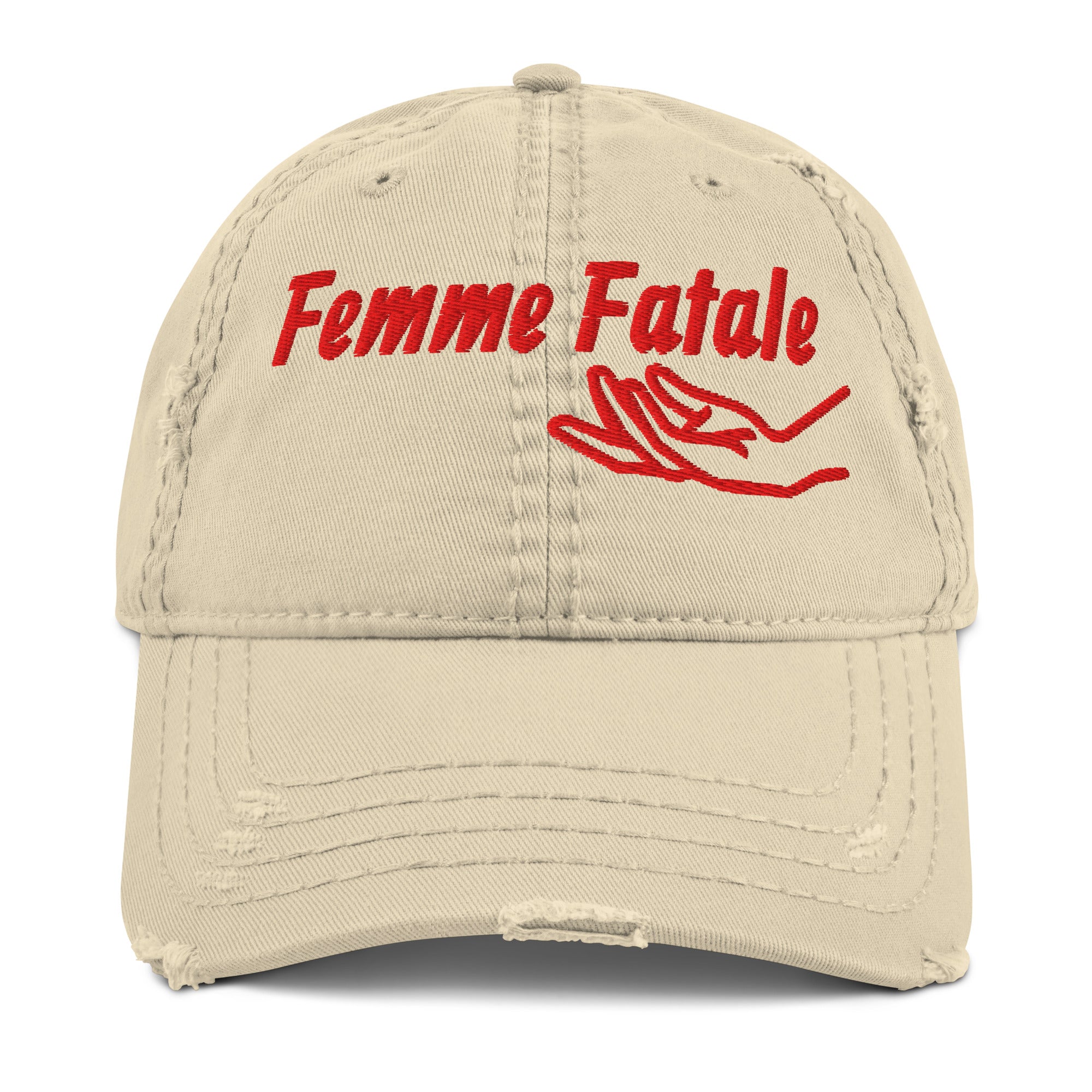Beige cap with red 'Femme Fatale' front view