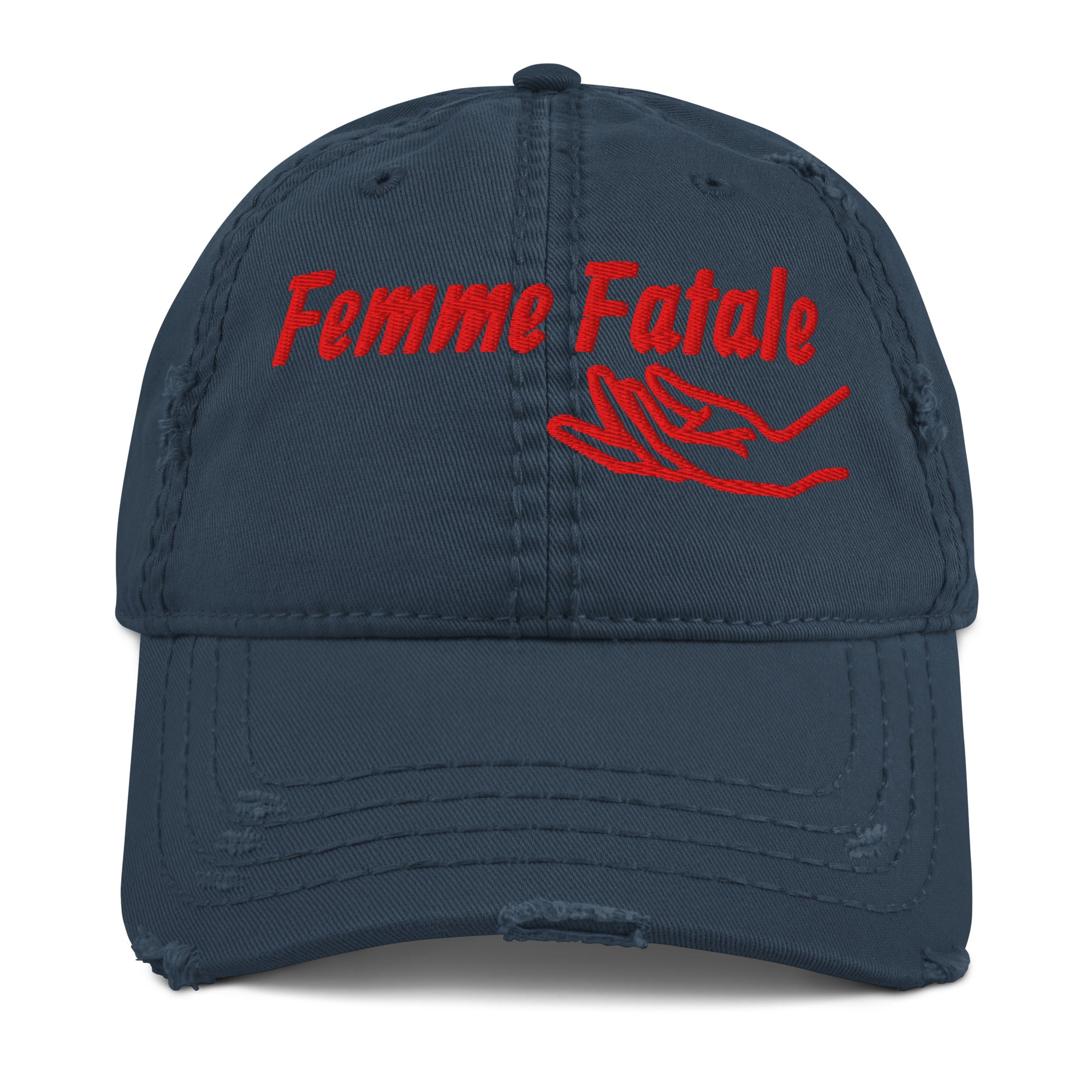 Navy blue hat with 'Femme Fatale' front