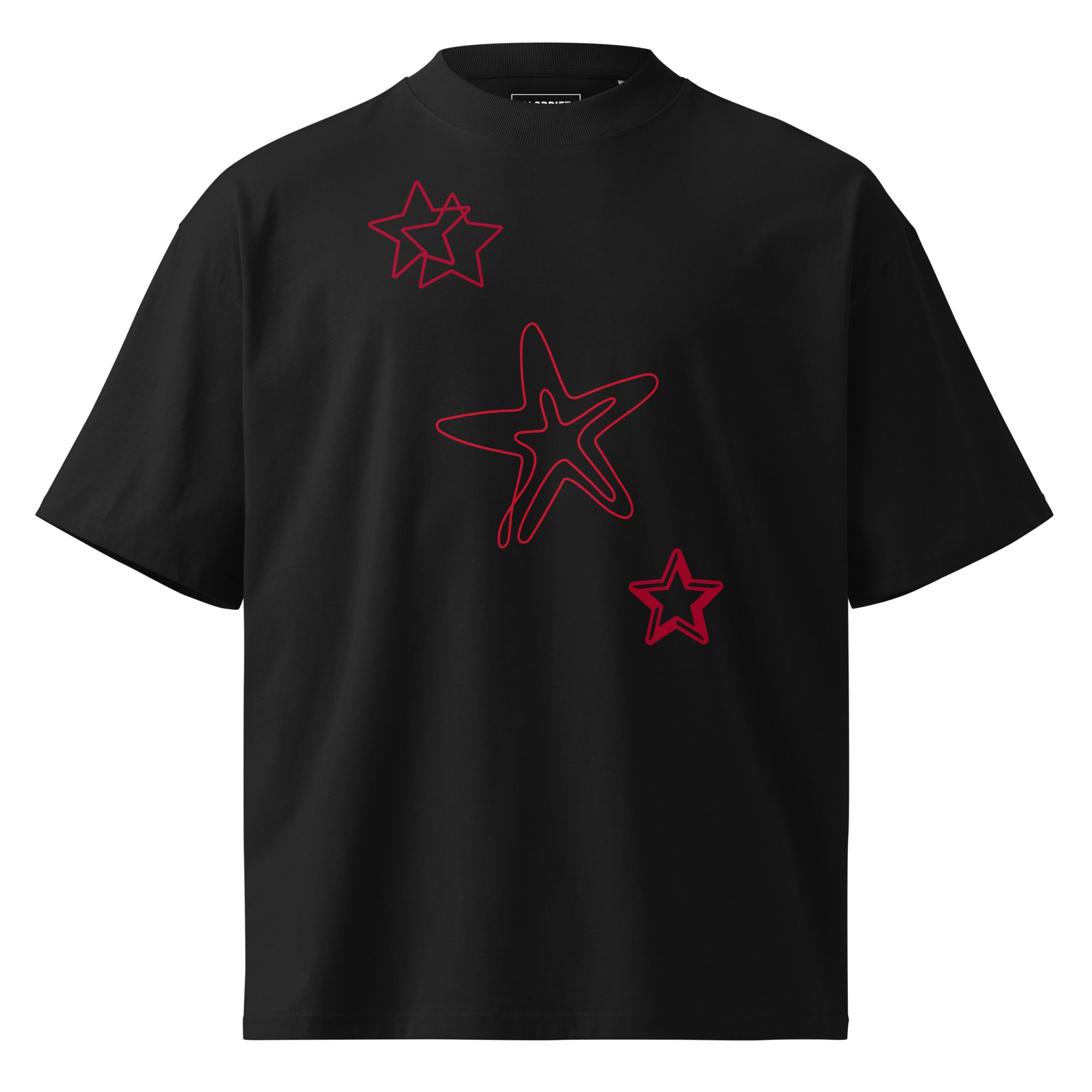 Unisex clothing black t-shirt with red star designs front view