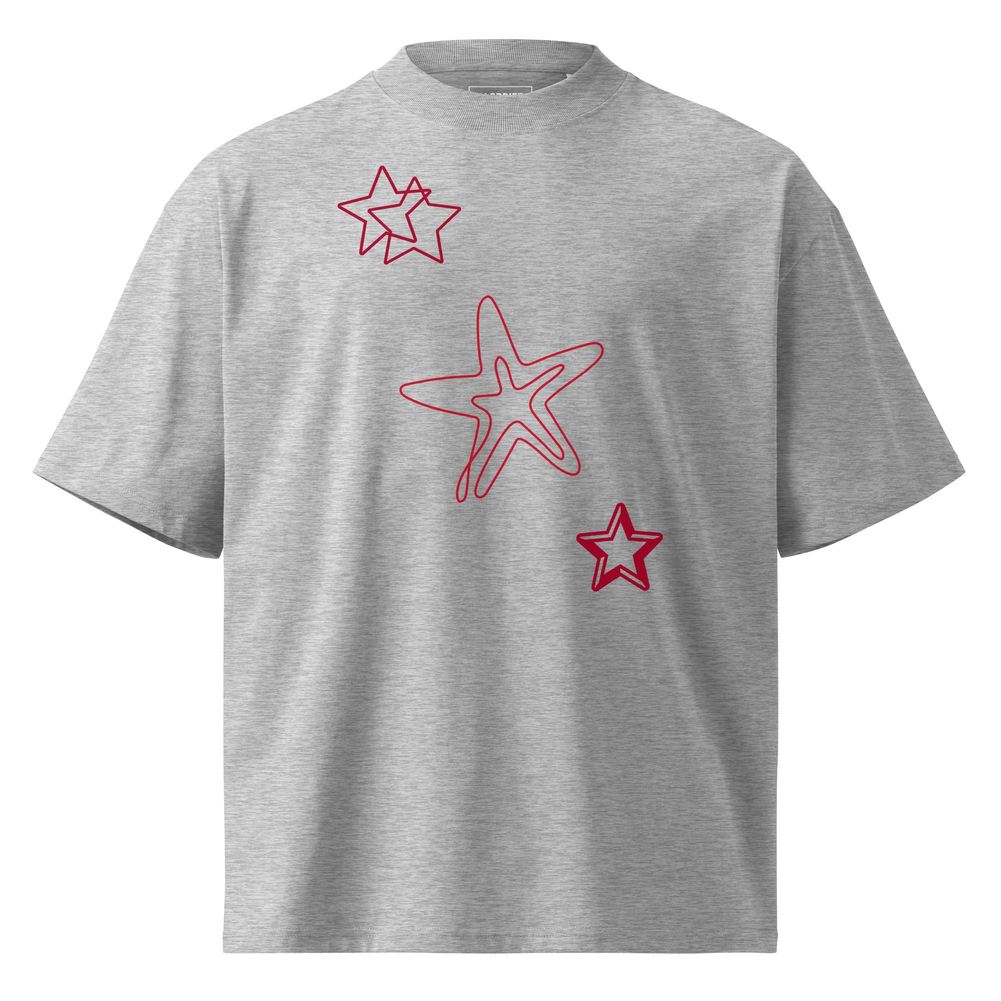 Unisex clothing grey t-shirt with red star designs front view