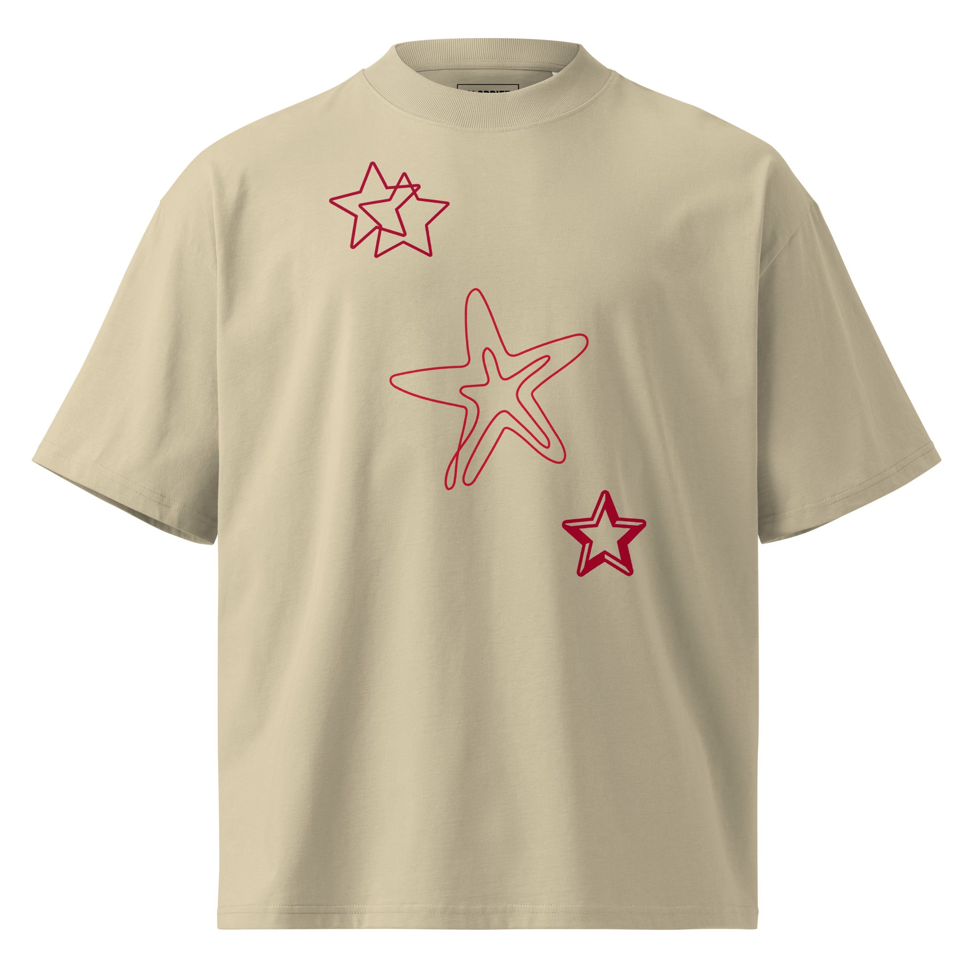 Unisex clothing tan t-shirt with red star designs front view