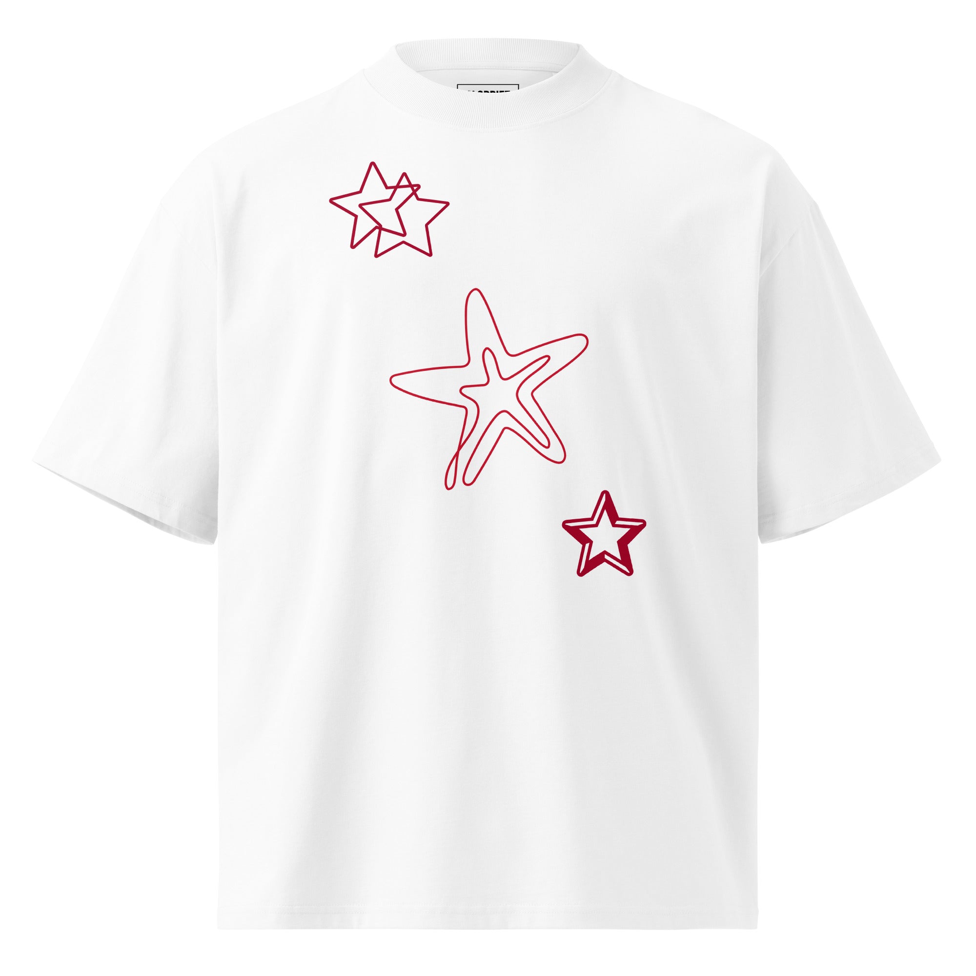 Unisex clothing white t-shirt with red star designs front view